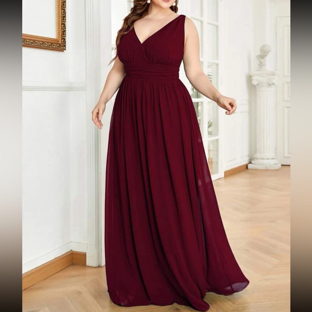 Plus Size Burgundy V Neck Party Formal Evening Dress